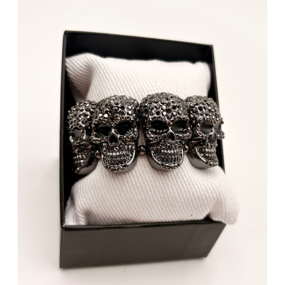 Natasha Gunmetal Rhinestone Skull and Bone Stretch Statement Bracelet NEW